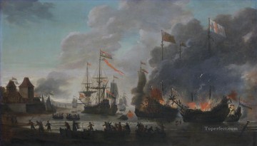 海戦 Painting - チャタム遠征中にオランダ人が英国船を焼き払う 1667 年 メドウェイ襲撃 ヤン・ファン・ライデン 1669 年 海戦